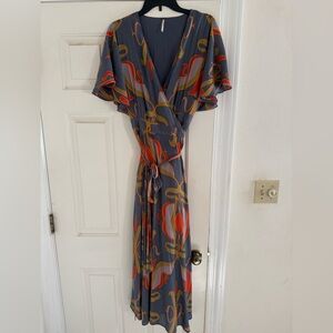 Free People Gray Maxi Dress with Red and Gold Accents